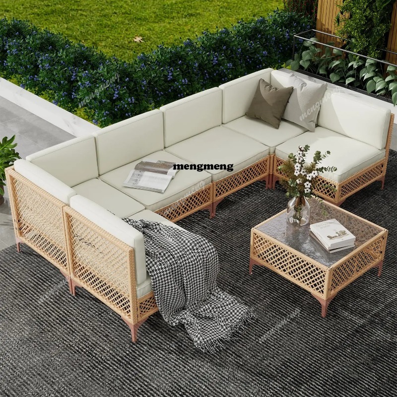 Outdoor Furniture With Fire Pit Table - 9-teiliges Outdoor-Möbelset mit großem Feuertisch, Boho-Rattan-Gartenmöbel-Set