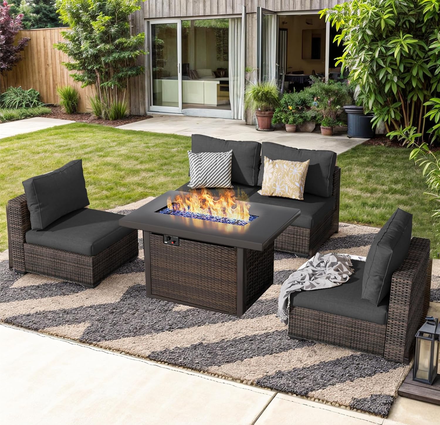 Outdoor Furniture With Fire Pit Table - Outdoor-Sitzgruppe, 5-teiliges Gartenmöbel-Set mit 42-Zoll Feuerkorb