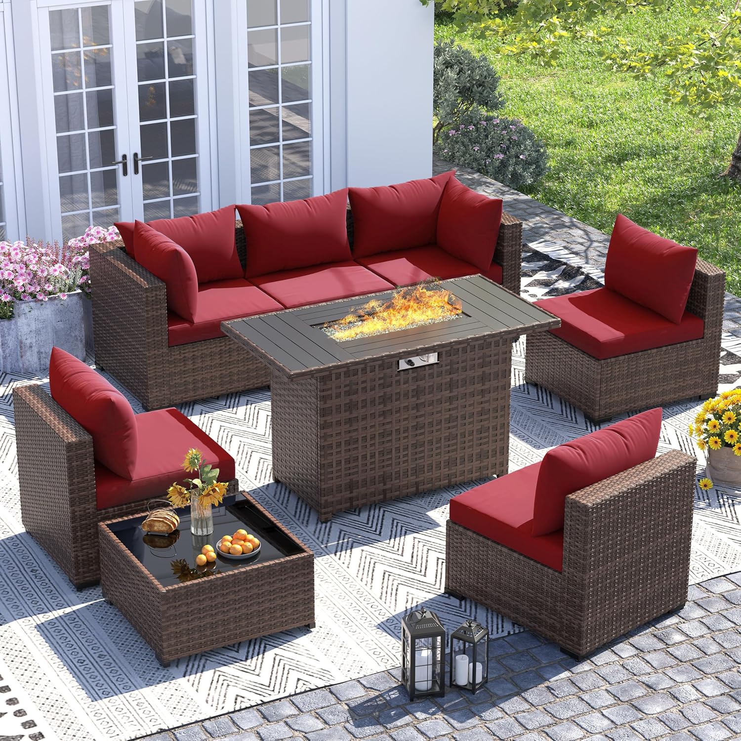 Outdoor Furniture With Fire Pit Table - 8-teiliges Allwetter-Rattan-Sofa-Set mit Feuertisch für Terrasse,