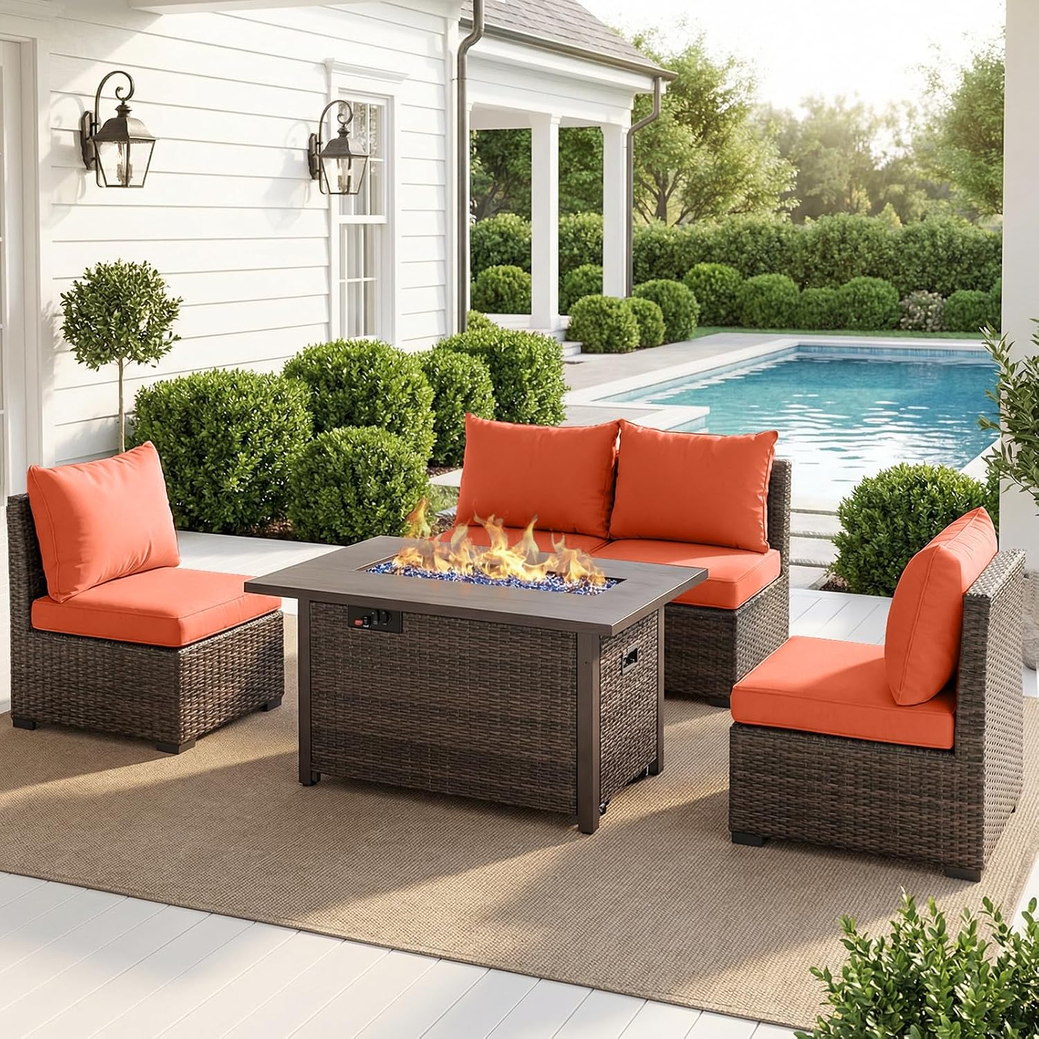 Outdoor Furniture With Fire Pit Table - Gartenmöbel-Set mit Feuerstelle, Outdoor-Sofa aus Rattan