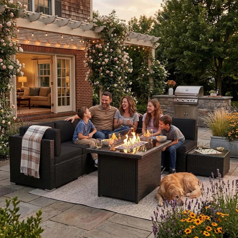 Outdoor Furniture With Fire Pit Table - 8-teiliges Gartenmöbel-Set aus Rattan mit 44-Zoll-Propan-Feuertisch