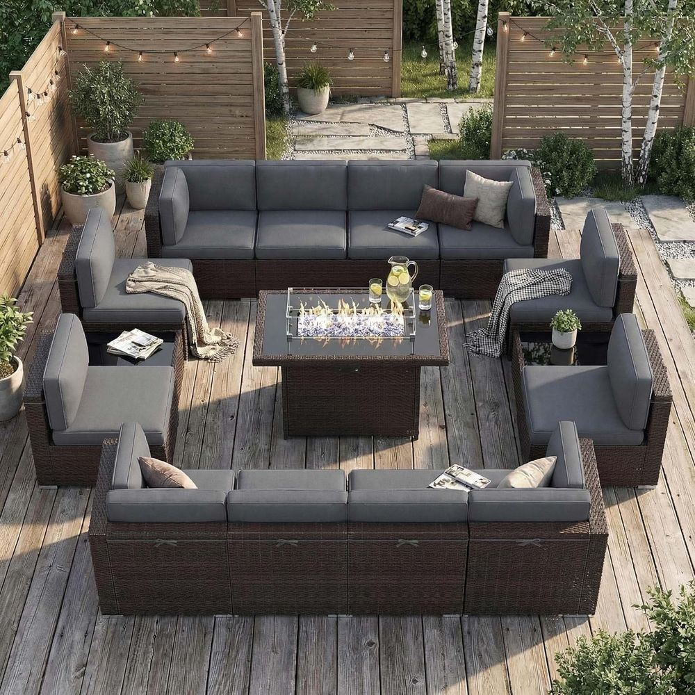 Outdoor Furniture With Fire Pit Table - 15-teiliges Outdoor-Gartenmöbel-Set mit 44-Gas-Feuerstelle, braunem Rattan-Sofa-Sektional