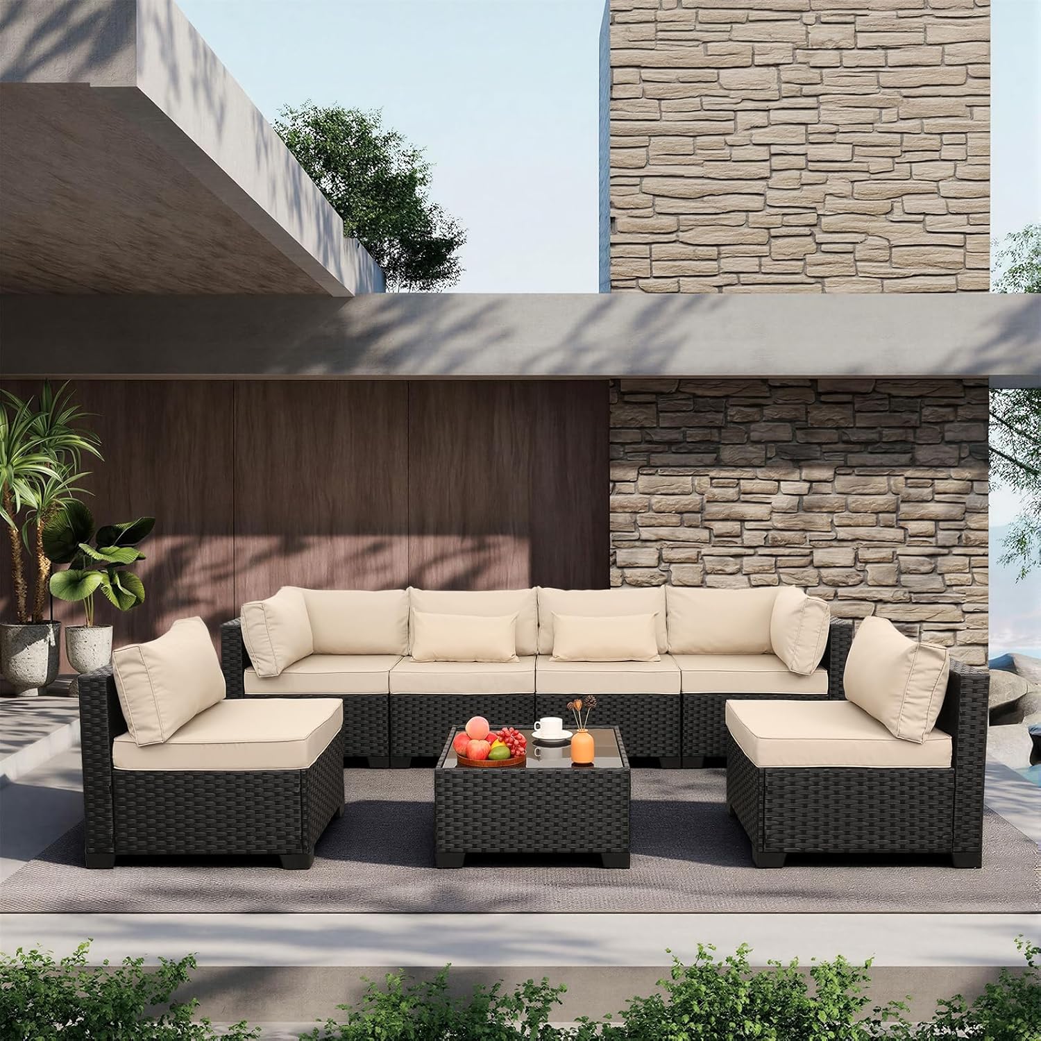 Outdoor Furniture Rattan - 7-teiliges Outdoor-Sofa-Set aus PE-Rattan, Khaki-Kissen &