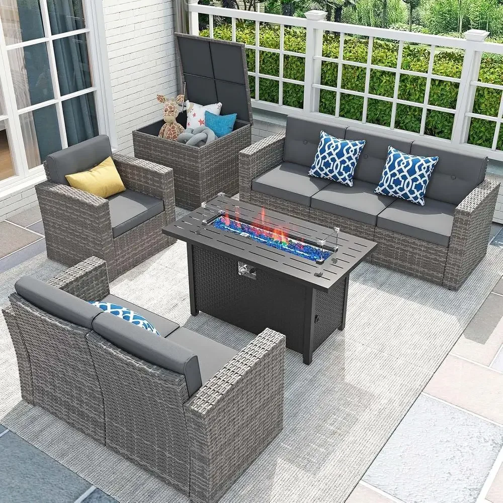 Outdoor Furniture With Fire Pit Table - 8-teiliges Gartenmöbel-Set mit 45-Zoll-Feuertisch, Outdoor-Sitzgruppe mit