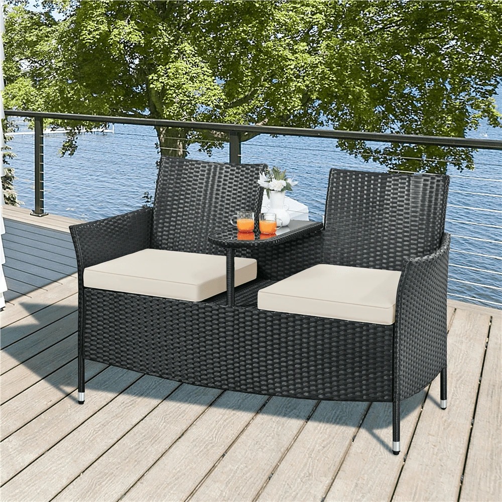 Outdoor Furniture Rattan - Hochwertiger Outdoor-Doppelstuhl, 2-Sitzer, PE-Rattan, Gartenmöbel-Set, 385lb