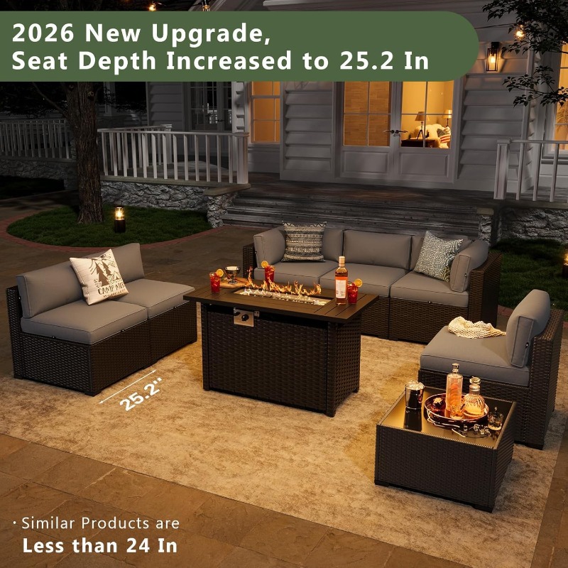Outdoor Furniture With Fire Pit Table - Aoxun 8-teiliges Gartenmöbel-Set mit 44-Zoll-Feuerstelle, Rattan-Gartensofa,
