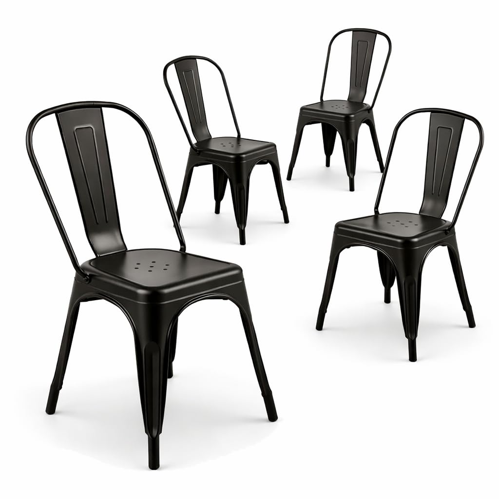 Outdoor Furniture Cafe - Mattschwarzes Metall-Esszimmerstuhl-Set mit 4 Stühlen und