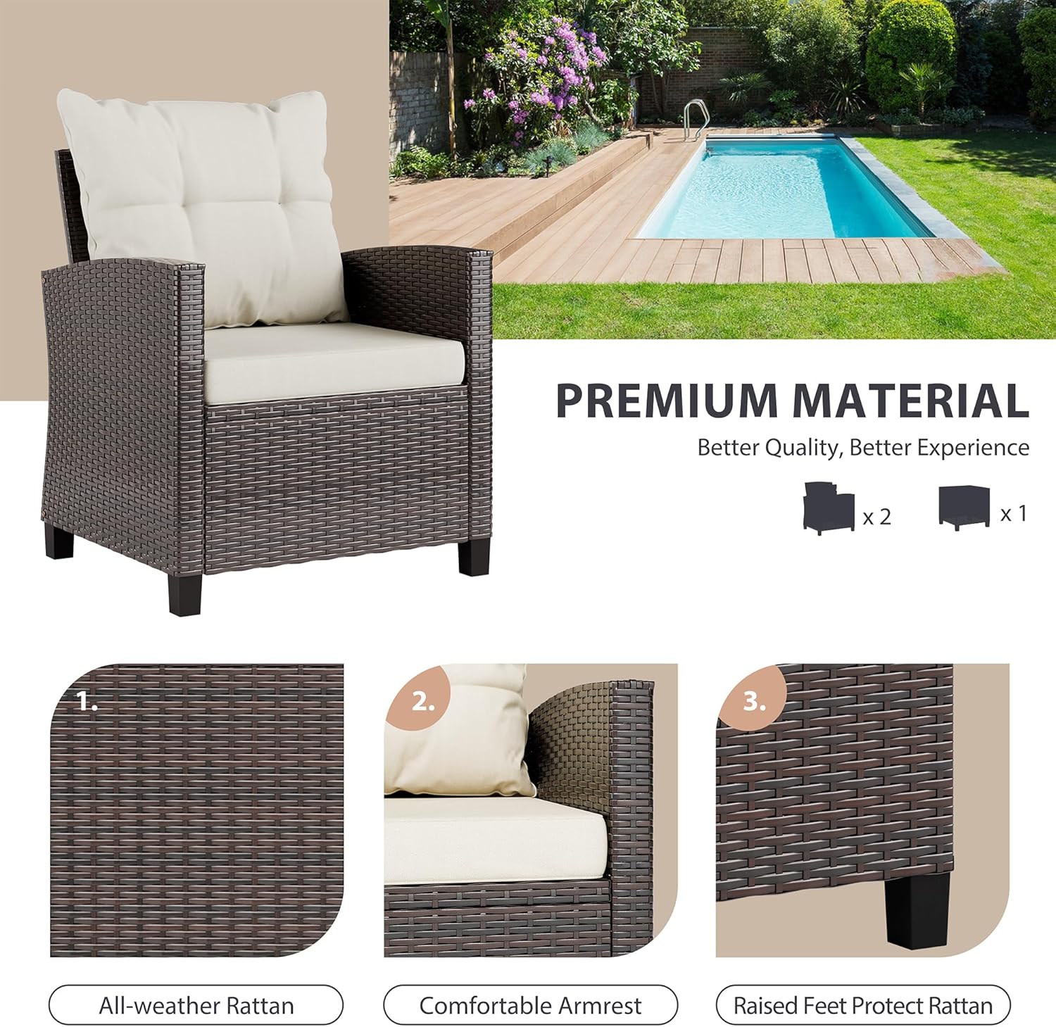 Beigefarbenes, kompaktes 3-tei – Outdoor Furniture Rattan Bewertung und Preis